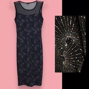 Vtg 90s Black Metallic Starburst Firework Sheer Dress Size Small Party